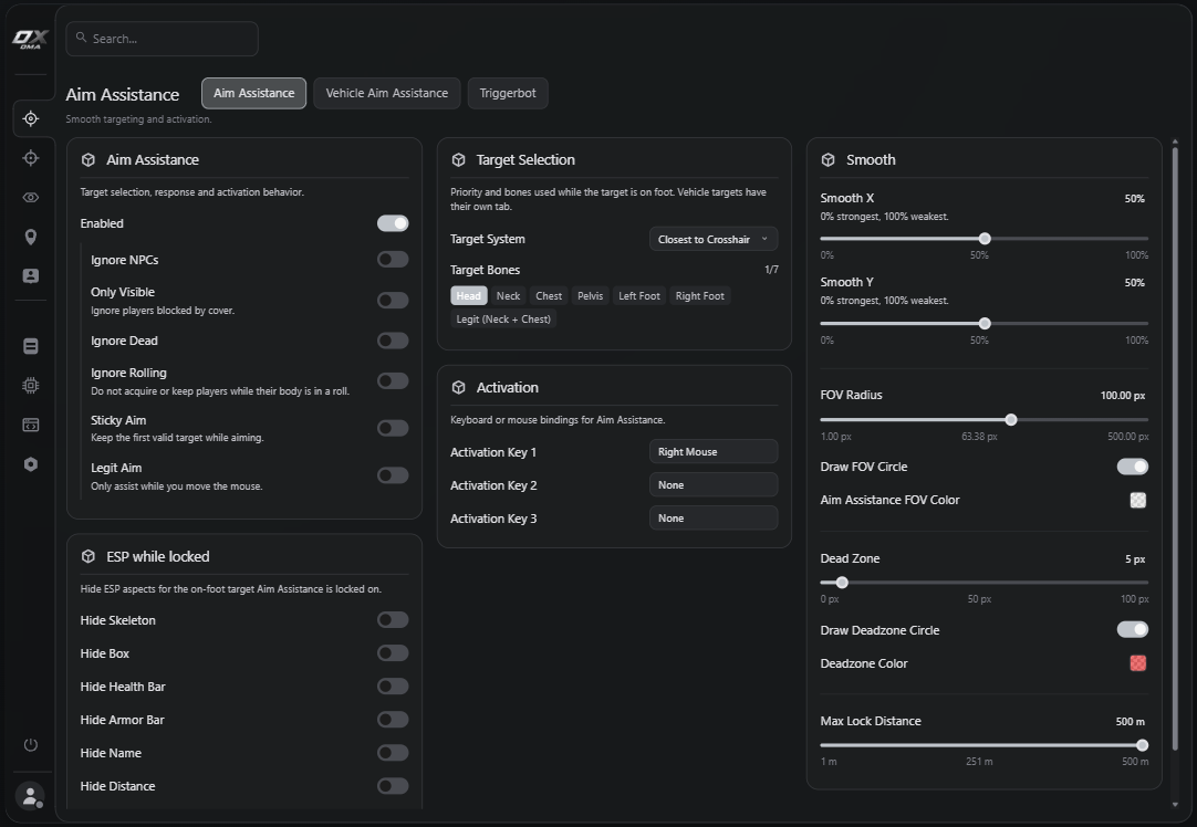 0x FiveM interface showing aim assistance, target selection and visual settings